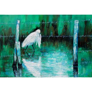 Tableau huile sur toile, Aigrette en Camargue derrière des barbelés