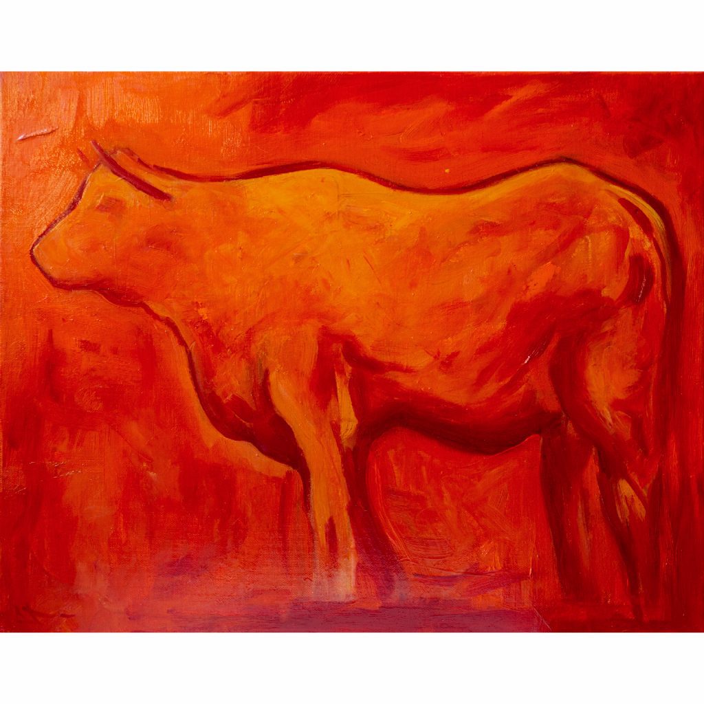 Tableau animalier huile, Vache rouge