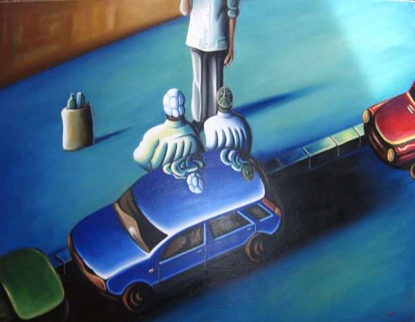Tableau, Scène urbaine à la voiture bleue