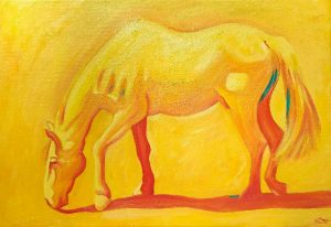 Tableau huile sur toile- Cheval jaune - Pièce unique, 55 x 38 cm