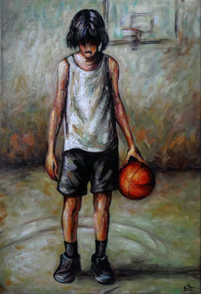 peinture à l huile tableau Smells like teen spirit un adolescent basketteur par Lionel Le Jeune