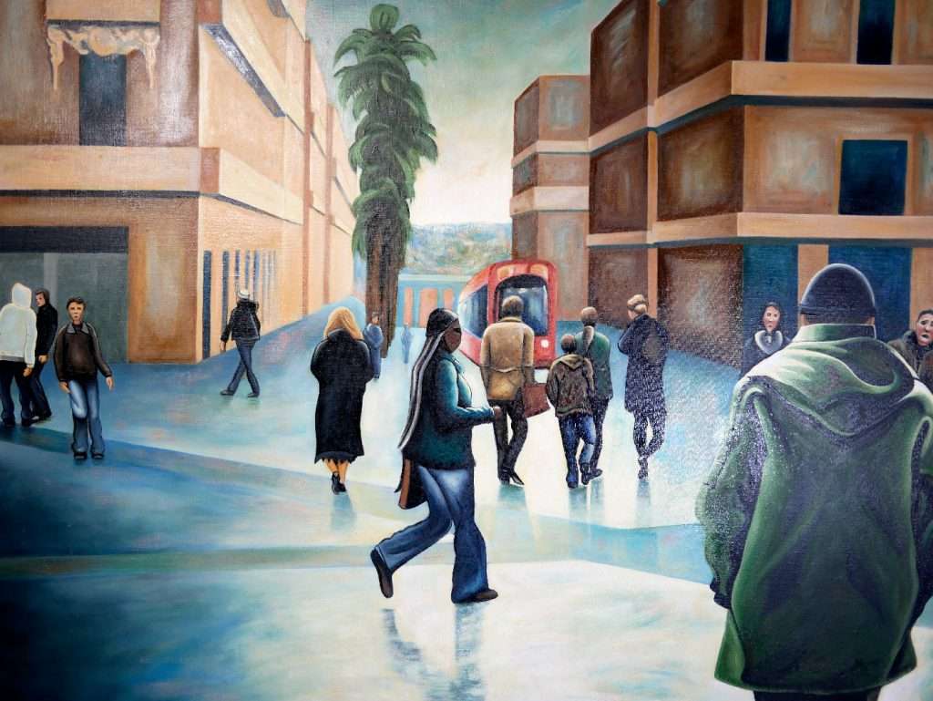 tableau huile paysage urbain montpellier par lionel le jeune, scene de rue