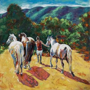 Marie et chevaux luberon huile sur toile