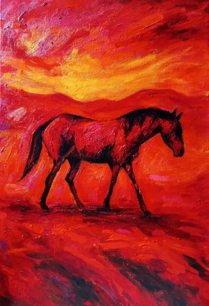 cheval noir sur fond feu et rouge, peinture à l'huile - Tableau Arkvar- Lionel Le Jeune